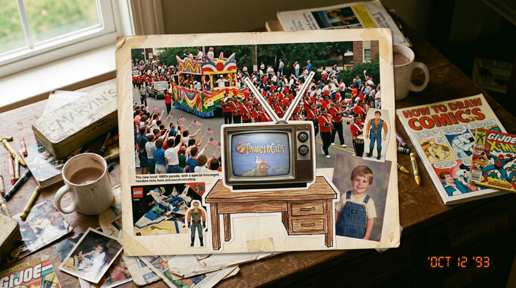 Collage with 1980s parade, vintage TV image, childhood photo, toys, and memorabilia on wooden desk