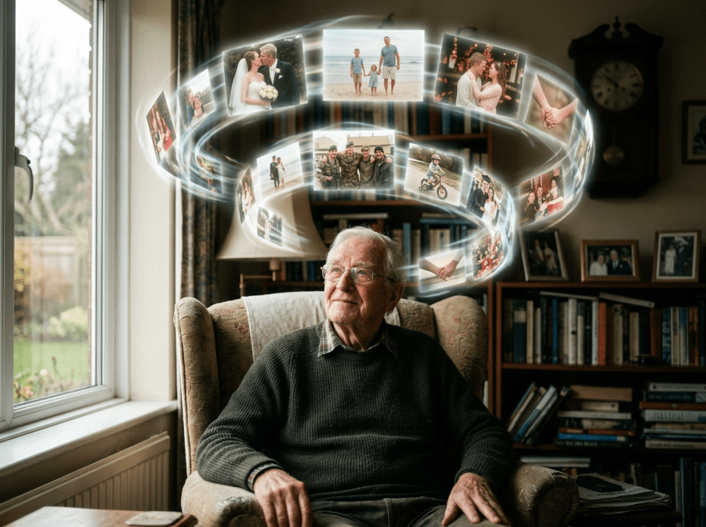 Elderly man sitting in armchair with floating digital family photos around his head